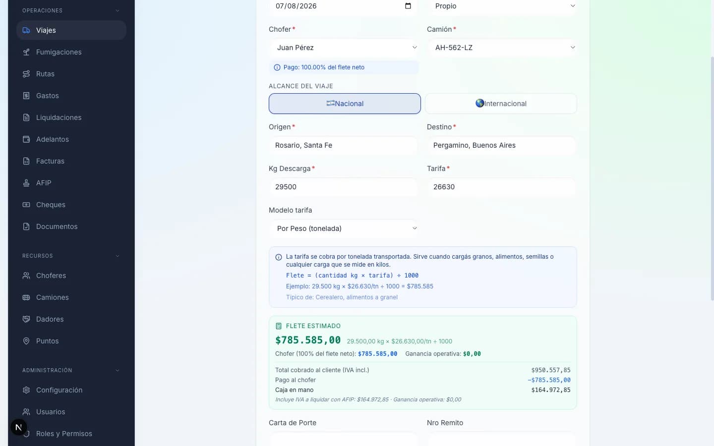Formulario de carga de un viaje en Tramo, con el flete calculado automáticamente a partir del peso y la tarifa de la ruta.