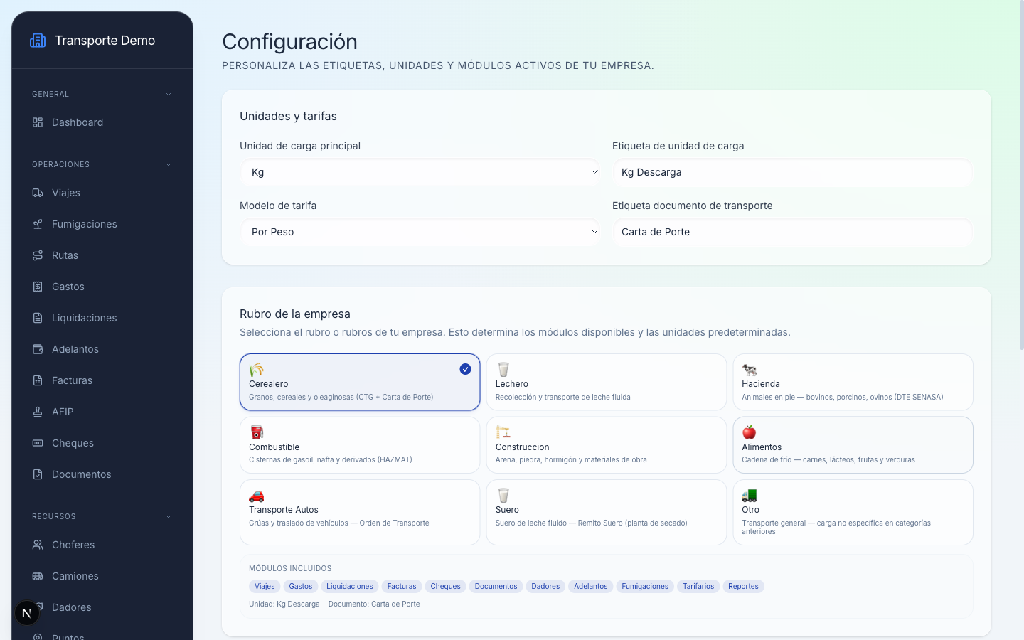 Pantalla de configuración del tenant
